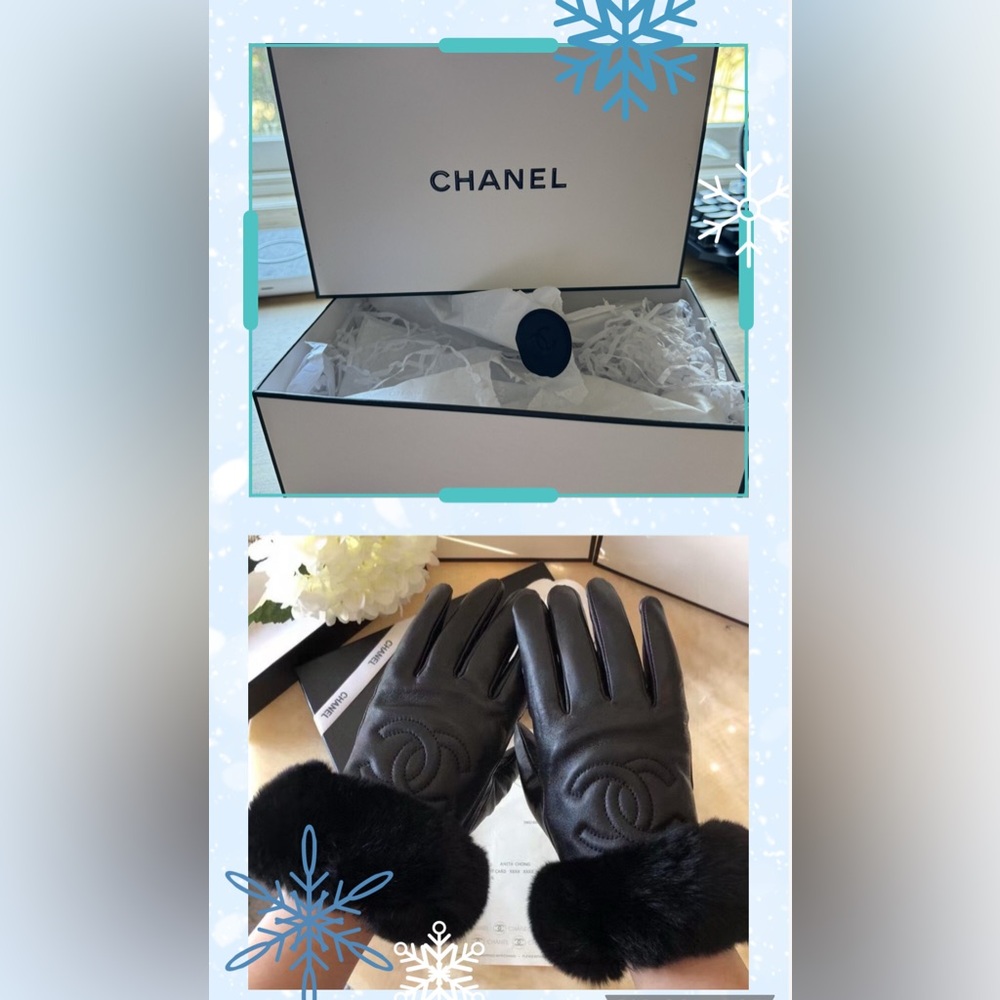 CHANEL Black Leather Gloves with Plush Fur Cuffs Logo M 7.5